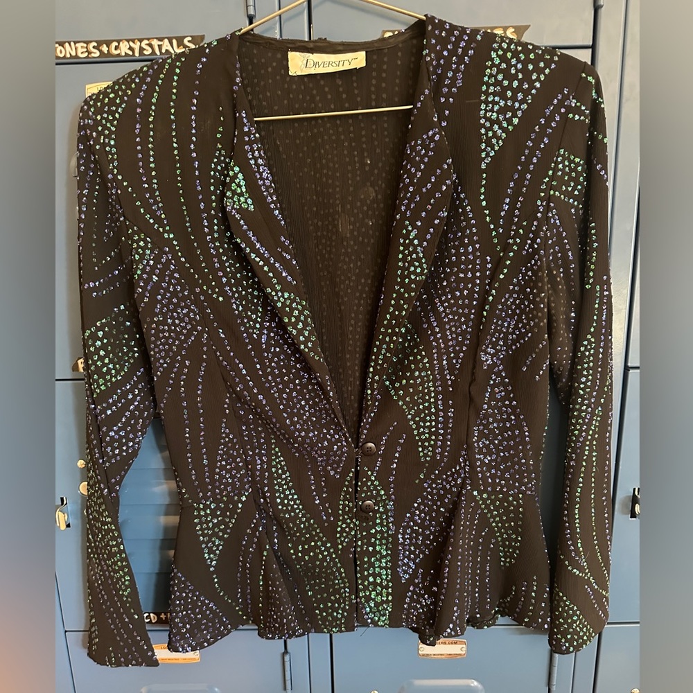 SOLD Black and Green Vintage Diversity Women's Cropped Sparkle Blazer SOLD